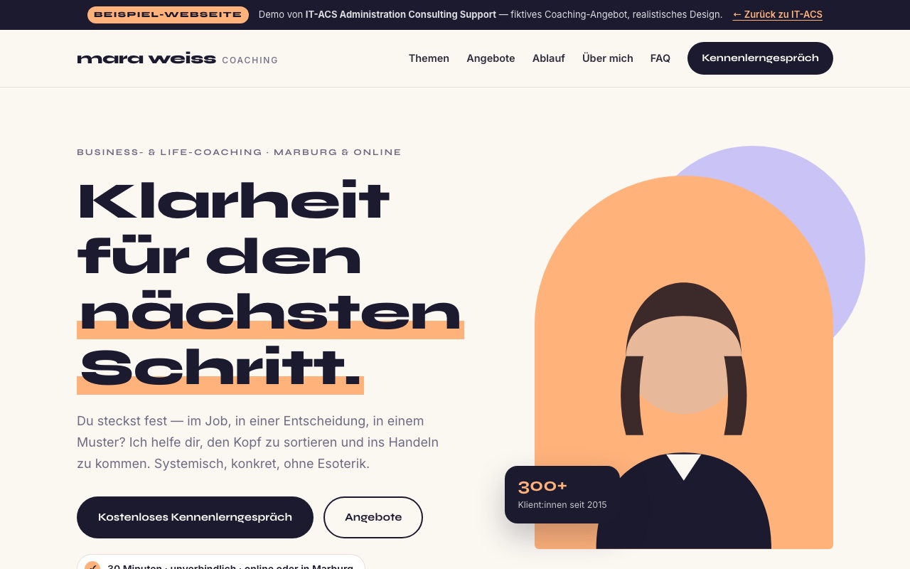 Screenshot der Demo-Webseite einer Coachin