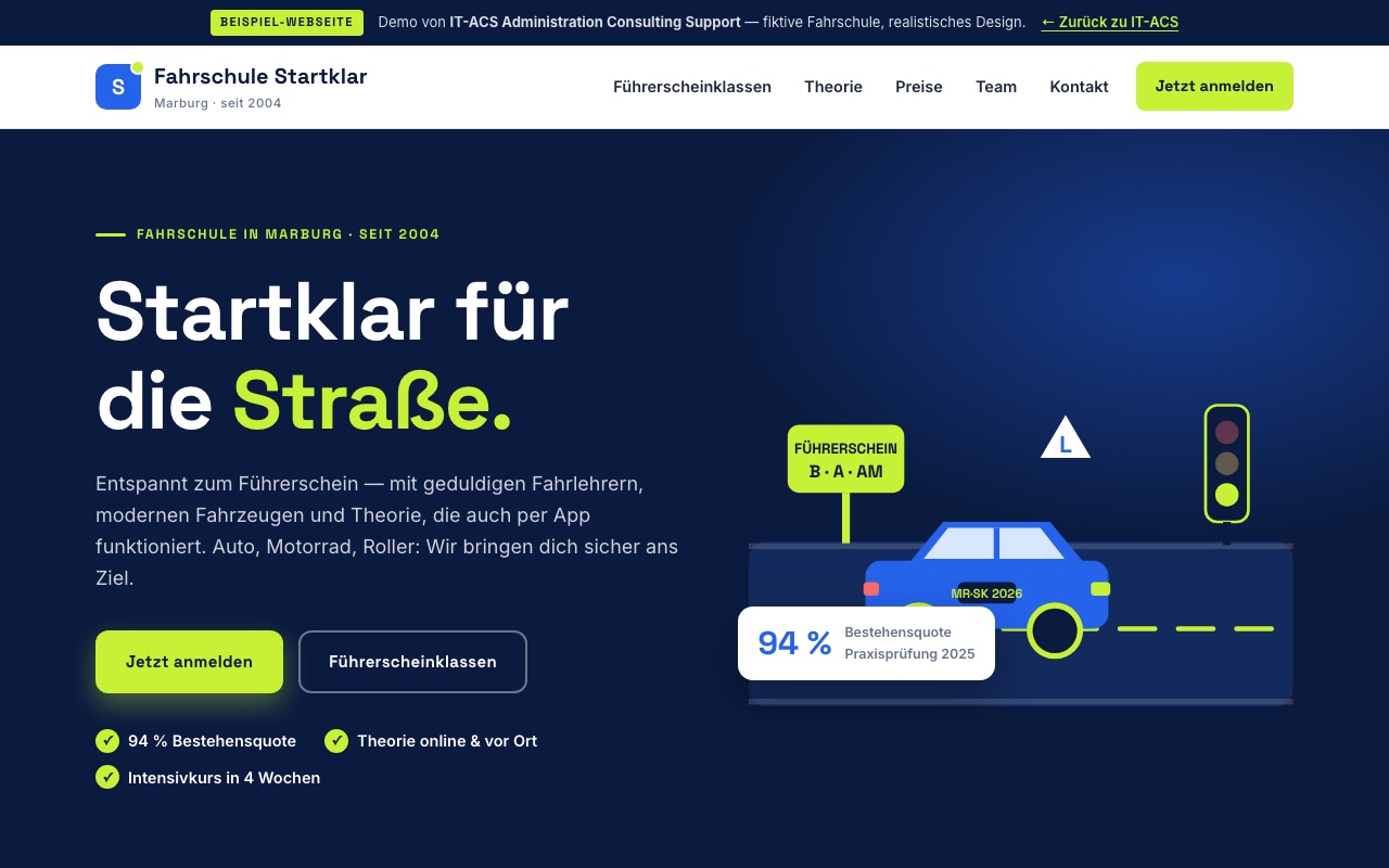 Screenshot der Demo-Webseite einer Fahrschule
