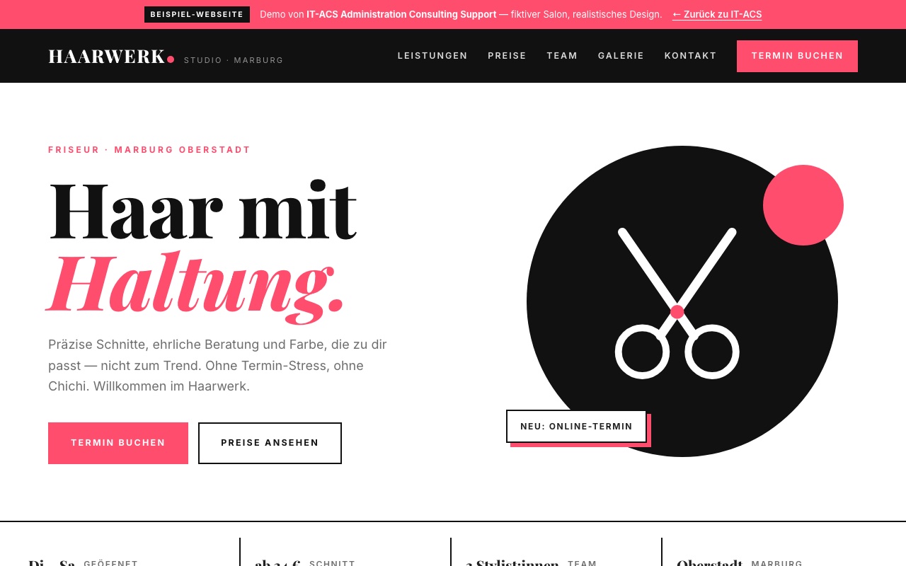 Screenshot der Demo-Webseite eines Friseursalons