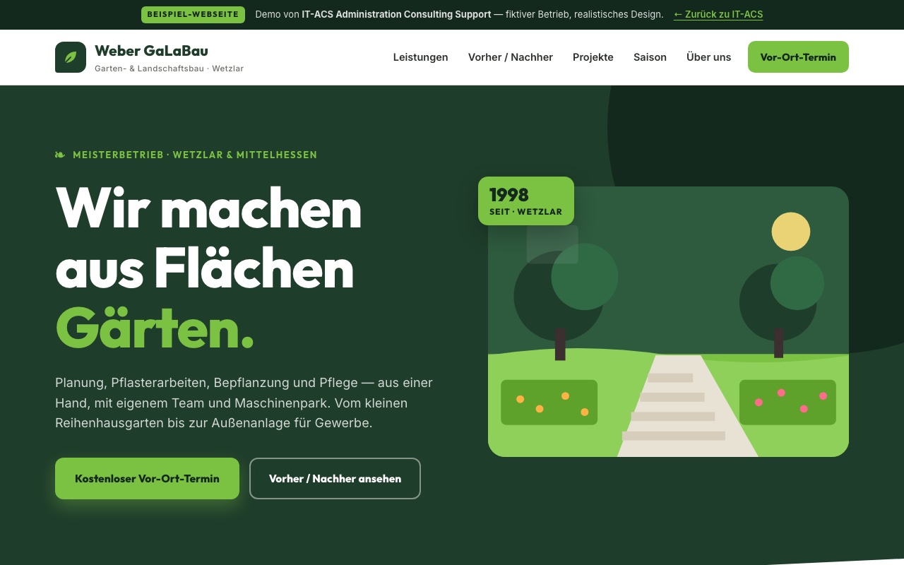 Screenshot der Demo-Webseite eines Garten- und Landschaftsbauers