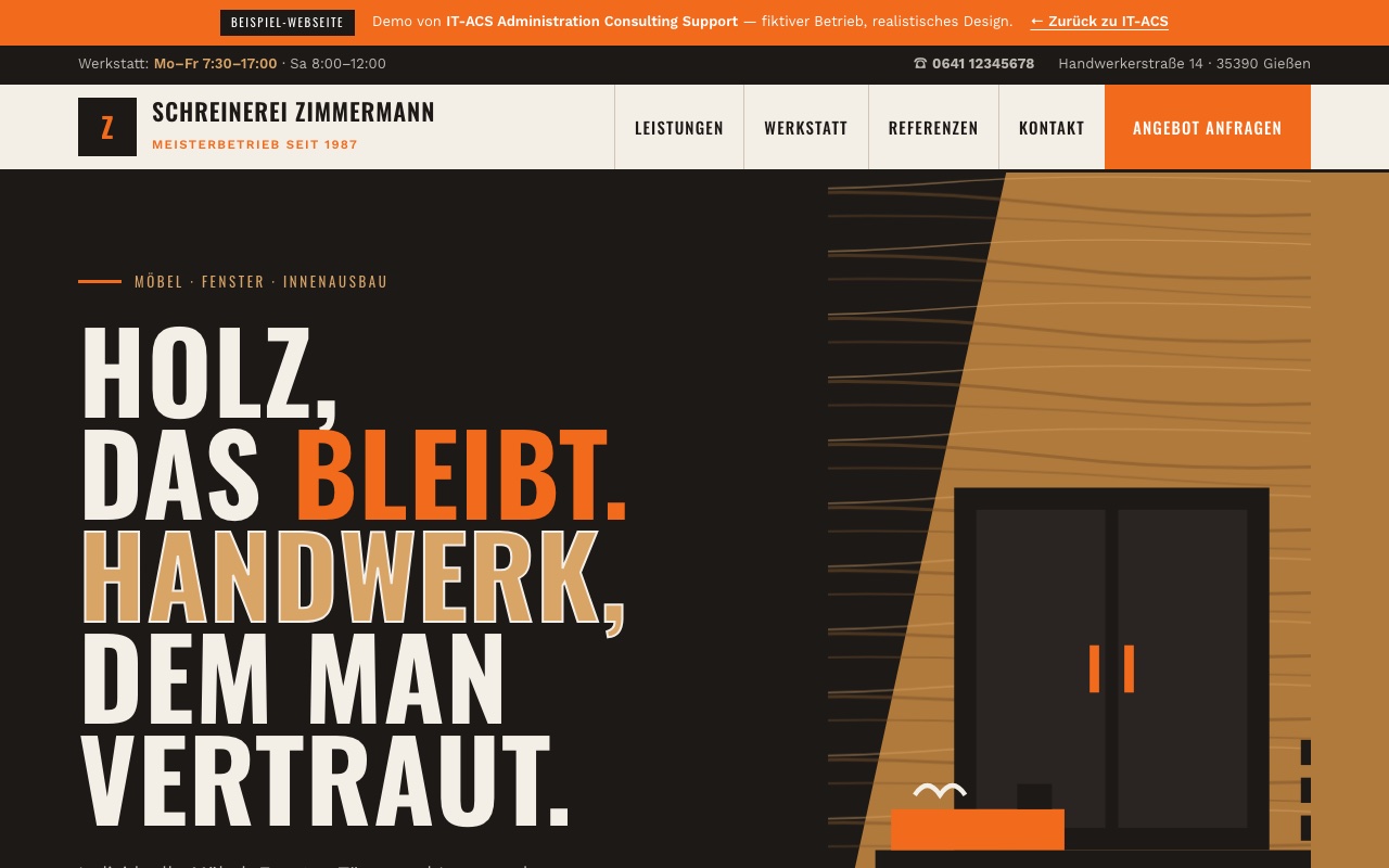 Screenshot der Demo-Webseite einer Schreinerei