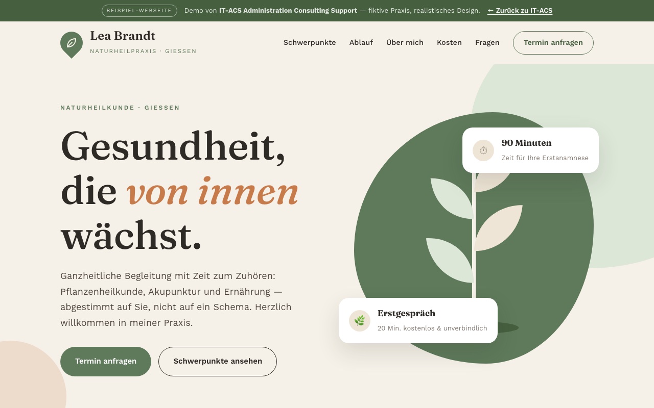 Screenshot der Demo-Webseite einer Naturheilpraxis