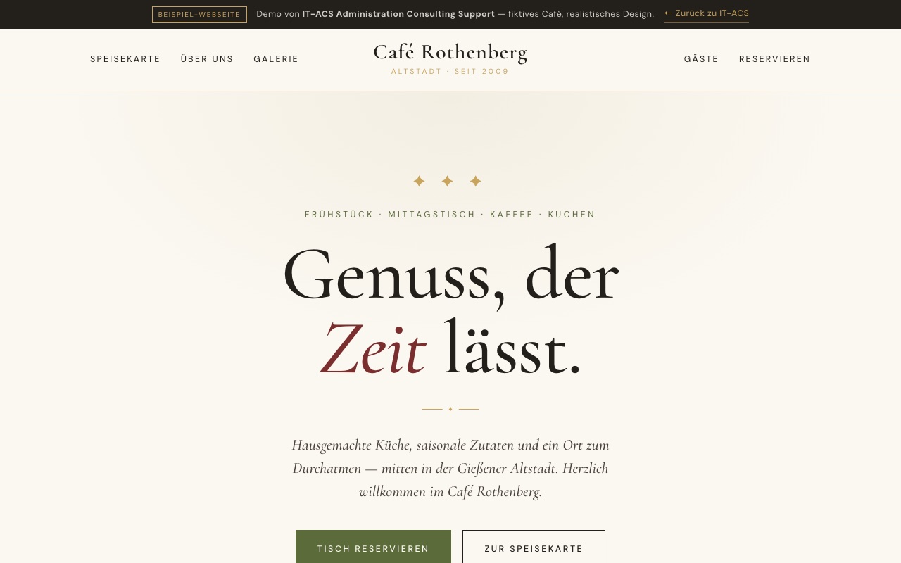 Screenshot der Demo-Webseite eines Cafés