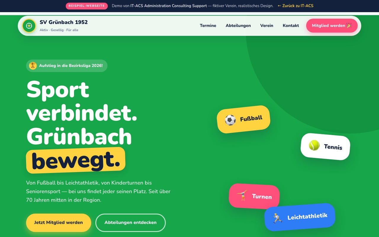 Screenshot der Demo-Webseite eines Sportvereins